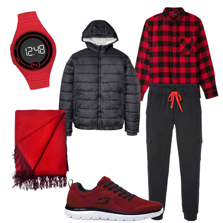 Outfit uomo - Passeggiata in città. Stile Urban per Tutti i giorni. Abbinamento con scarpe sportive, cappotti, pantaloni cargo, camicie, sciarpe, orologi.