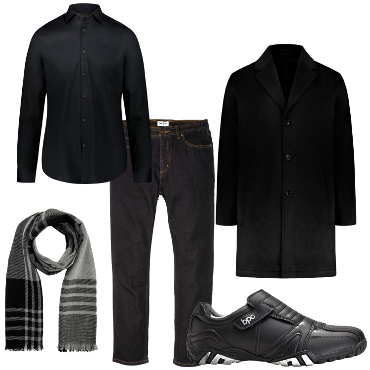 Outfit uomo - Man in Black. Stile Urban per Tutti i giorni. Abbinamento con scarpe stringate, jeans dritti, sciarpe, camicie, cappotti.
