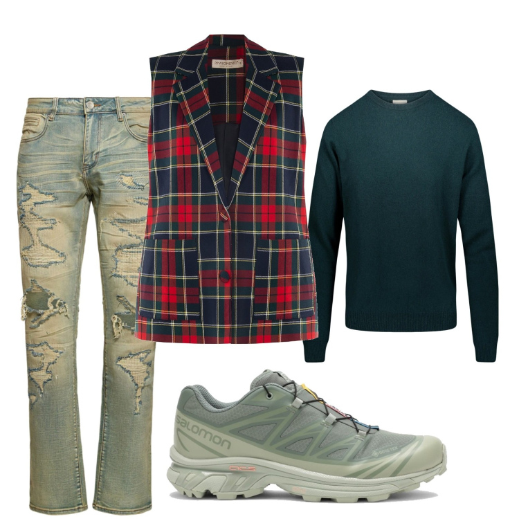 Outfit uomo - Total look #1791046. Stile Trendy per Tutti i giorni. Abbinamento con gilet, maglieria, jeans dritti, sneakers alte.