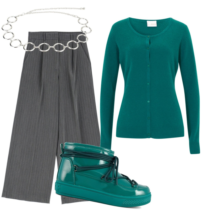 Outfit donna - Total look #1791057. Stile Casual chic per Ufficio. Abbinamento con cardigans, pantaloni a palazzo, cinture, stivali da neve.