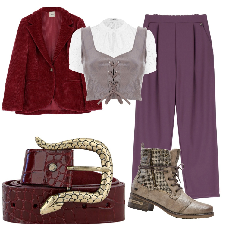 Outfit donna - Total look #1791061. Stile Chic per Serata fuori. Abbinamento con camicie, stivaletti, cinture, giacche, pantaloni, bretelle.