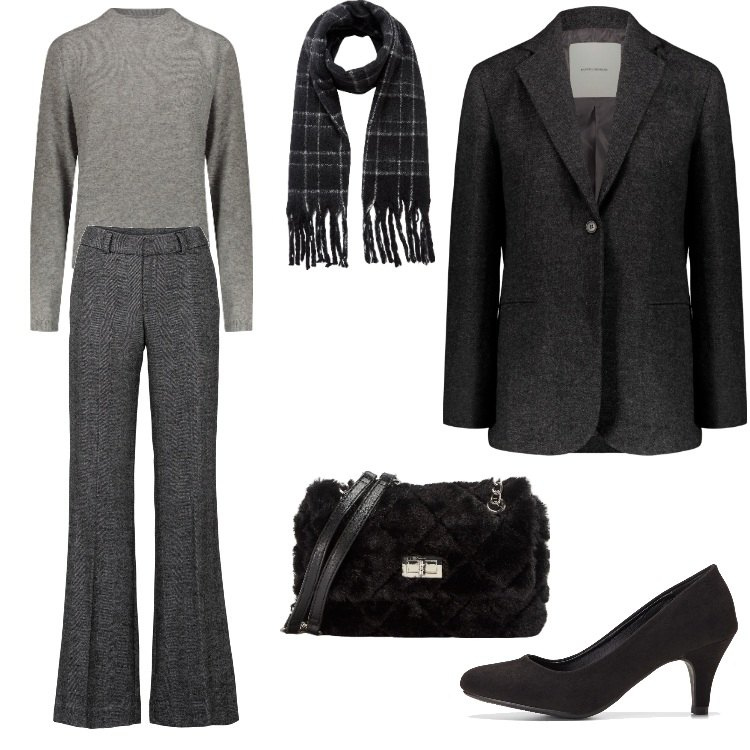 Outfit donna - Total look #1791064. Stile Minimal per Ufficio. Abbinamento con pantaloni a palazzo, décolleté, borse a spalla, sciarpe, pullovers, blazer.