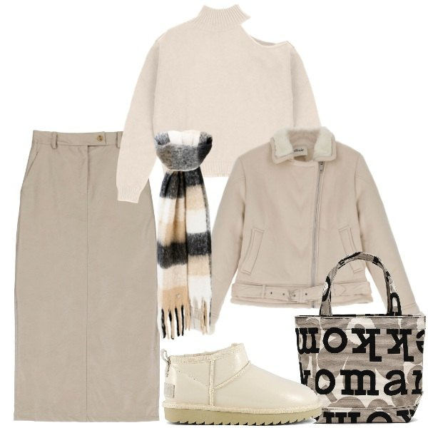 Outfit donna - In montagna. Stile Sporty chic per Tutti i giorni. Abbinamento con cappotti, gonne lunghe, sciarpe, maglieria, stivali, borse tote.