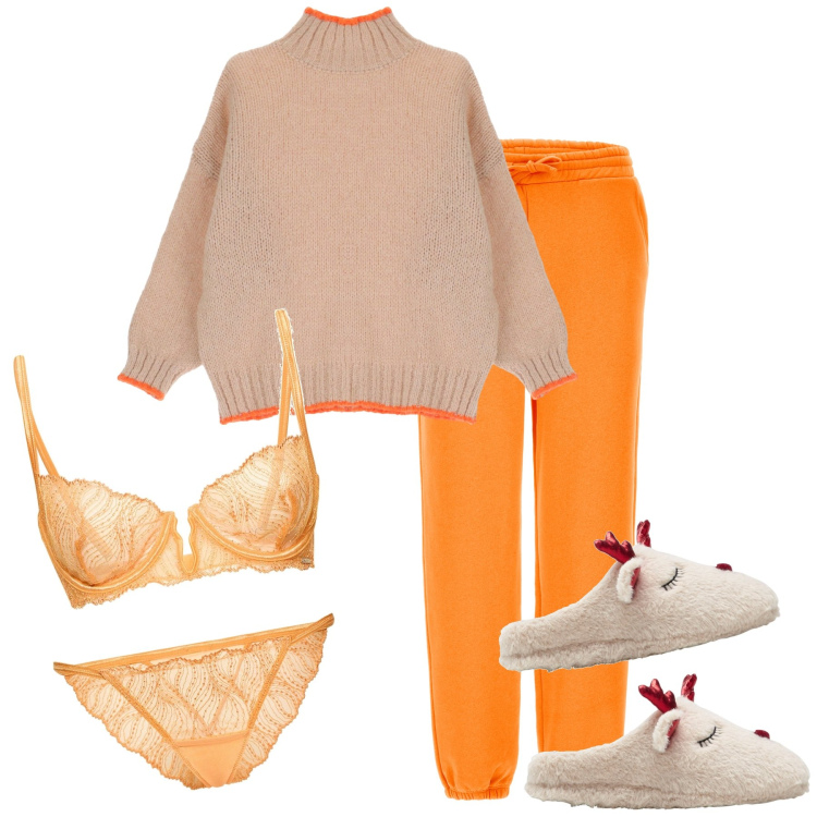 Outfit donna - Un tè fumante e un buon libro. Stile Basic per Tutti i giorni. Abbinamento con pantofole, maglieria, pantaloni, slip, reggiseni.