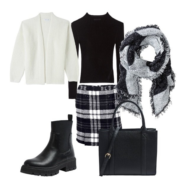Outfit donna - Acquisti di Natale. Stile Urban per Tutti i giorni. Abbinamento con sciarpe, minigonne, t-shirt, cardigans, stivali sopra il ginocchio, shopping bag.