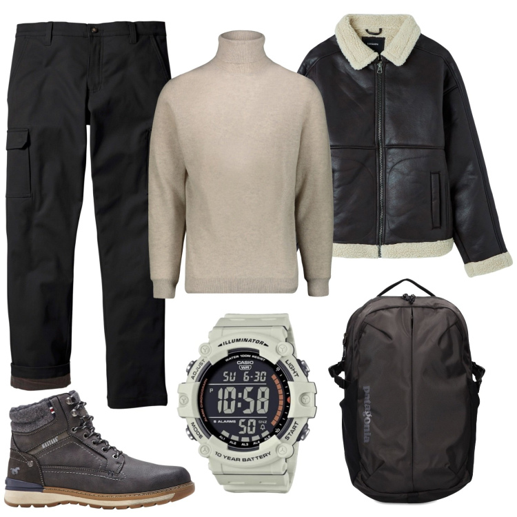 Outfit uomo - Pomeriggio fuori porta. Stile Trendy per Tutti i giorni. Abbinamento con pantaloni cargo, stivali e stivaletti, piumini, maglieria, orologi, borse sportive.