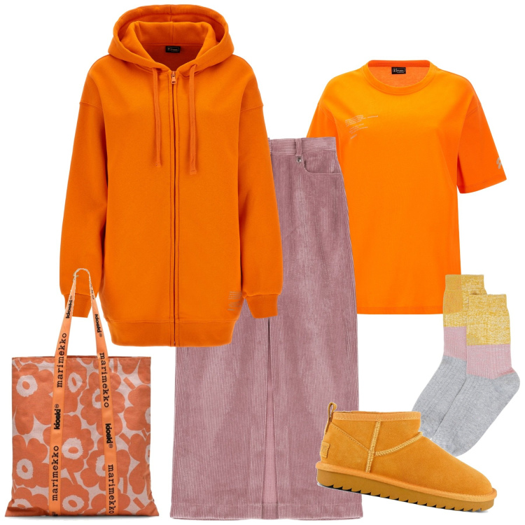 Outfit donna - Spesa con la mamma. Stile Basic per Tutti i giorni. Abbinamento con t-shirt, felpe con cappuccio, gonne lunghe, calzini, stivali, borse tote.