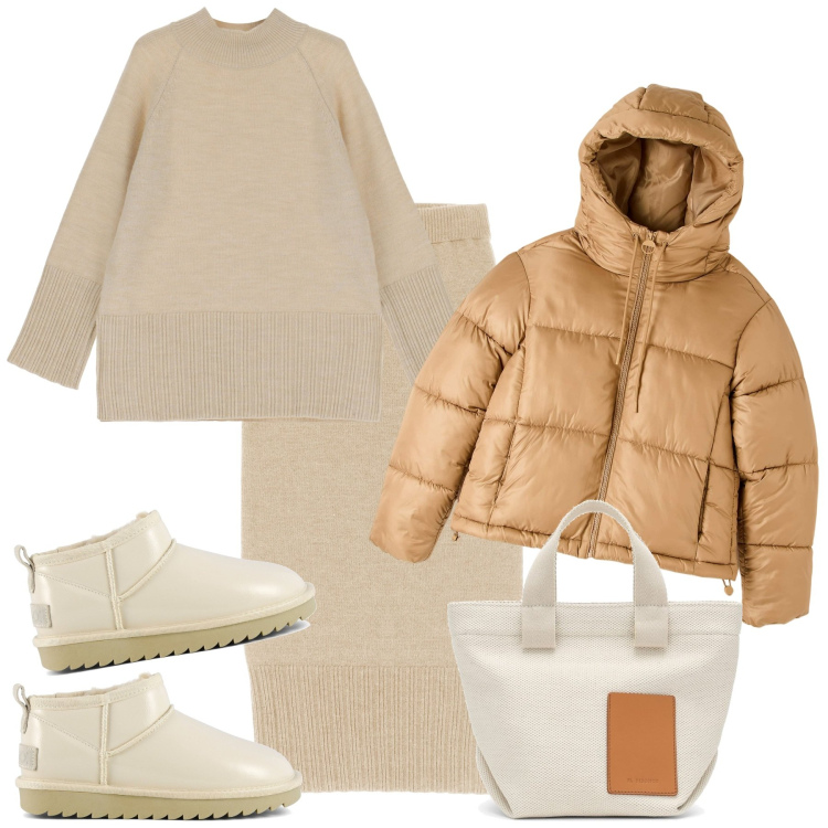 Outfit donna - Il piumino caramello. Stile Casual per Tutti i giorni. Abbinamento con piumini, maglieria, gonne longuette, stivali, borse a mano.