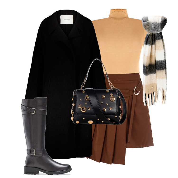Outfit donna - City. Stile Trendy per Tutti i giorni. Abbinamento con stivali, minigonne, borse a spalla, top, sciarpe, cappotti.