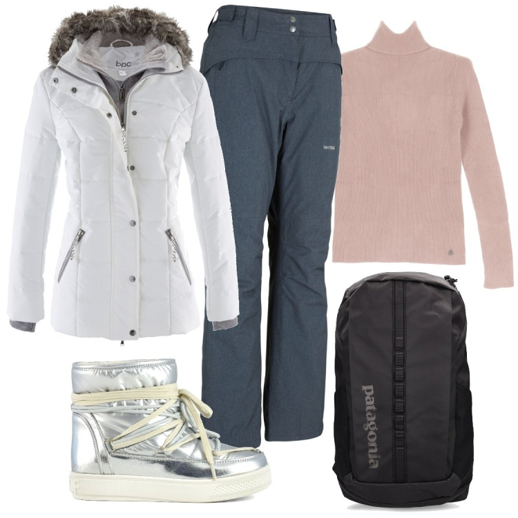 Outfit donna - Pronta per la neve. Stile Sporty chic per Sport. Abbinamento con piumini, pantaloni, maglieria, stivali da neve, zaini.