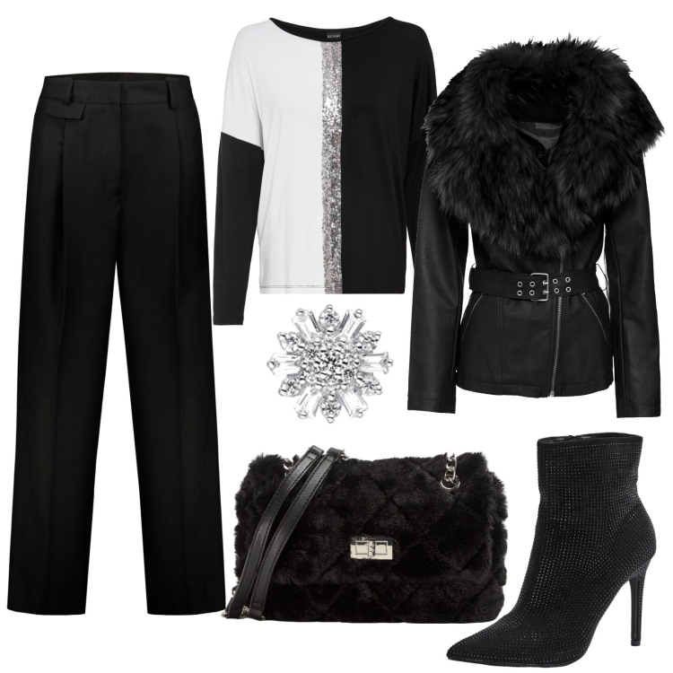 Outfit donna - Party in bianco e nero. Stile Chic per Serata fuori. Abbinamento con maglieria, blazer, borse a spalla, stivaletti, pantaloni, orecchini.