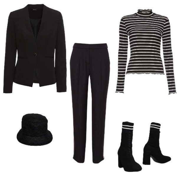 Outfit donna - Prima sera d\'autunno. Stile Trendy per Serata fuori. Abbinamento con blazer, t-shirt a righe collo alto a maniche lunghe multicolore, pantalone nero, cappello in denim.