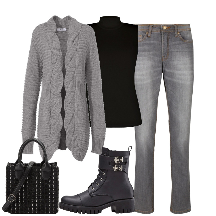 Outfit donna - City. Stile Basic per Tutti i giorni. Abbinamento con jeans mom, cardigans, stivaletti, shopping bag, top.