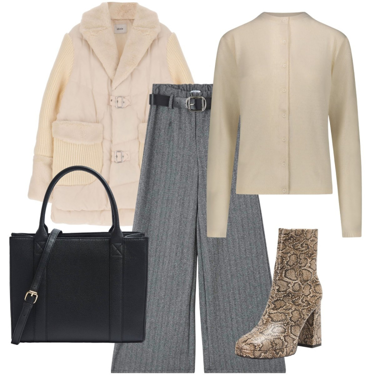 Outfit donna - Il gessato e pitonato. Stile Casual chic per Ufficio. Abbinamento con pantaloni, stivaletti, shopping bag, blazer, cardigans.