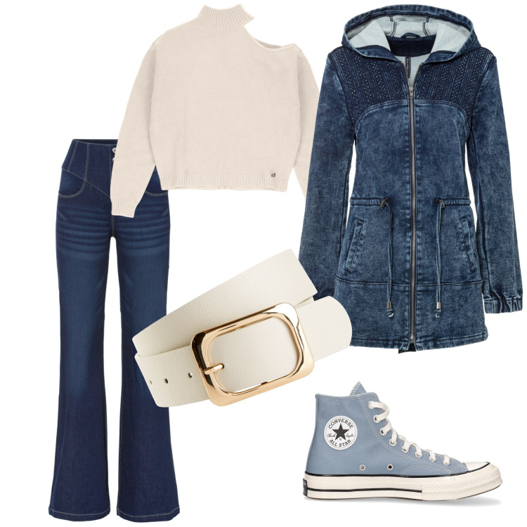 Outfit donna - Con le amiche. Stile Casual per Serata fuori. Abbinamento con parka, cinture, jeans a zampa, maglieria, sneakers.