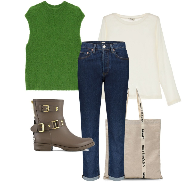 Outfit donna - Il gilet verde prato. Stile Urban per Tutti i giorni. Abbinamento con gilet, camicie, stivali, jeans, borse tote.
