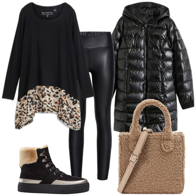 Outfit donna - Animalier. Stile Casual per Tutti i giorni. Abbinamento con maglieria, leggings, piumini, stivaletti, shopping bag.