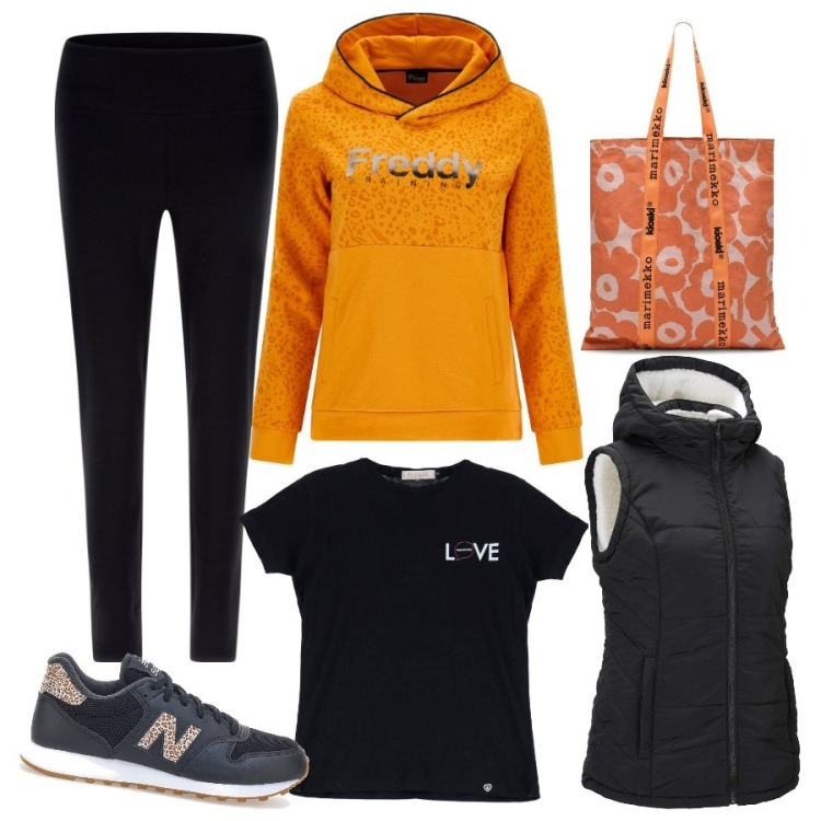 Outfit donna - Total look #1791223. Stile Sporty chic per Tutti i giorni. Abbinamento con gilet, t-shirt, felpe con cappuccio, leggings, sneakers, borse tote.