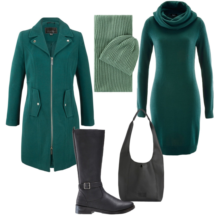 Outfit donna - Giada Green. Stile Urban per Tutti i giorni. Abbinamento con stivali, vestiti, cappotti, foulard, borse a spalla.