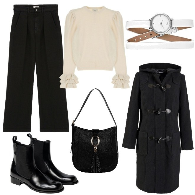 Outfit donna - Total look #1791230. Stile Trendy per Ufficio. Abbinamento con montgomery, borse a spalla, pullovers, pantaloni a palazzo, orologi analogici, stivaletti chelsea.