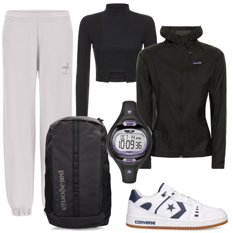 Outfit donna - Sportivo Trendy. Stile Trendy per Sport. Abbinamento con pantaloni, blazer, sneakers, top, zaini, orologi digitali.