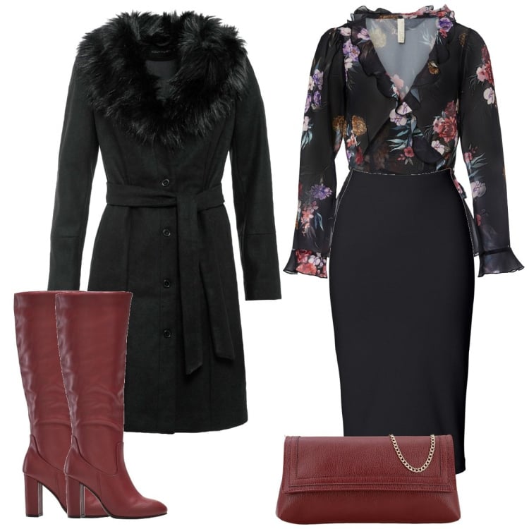 Outfit donna - Total look #1791237. Stile Chic per Serata fuori. Abbinamento con gonne longuette, stivali sopra il ginocchio, bluse, cappotti, pochette.