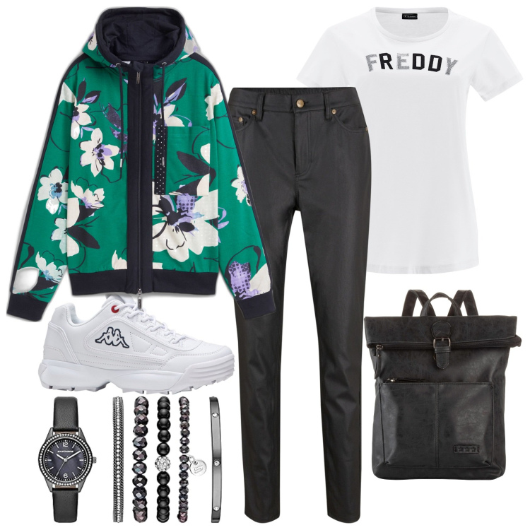 Outfit donna - La felpa floreale. Stile Sporty chic per Tutti i giorni. Abbinamento con zaini, felpe, pantaloni skinny, sneakers, t-shirt, orologi.
