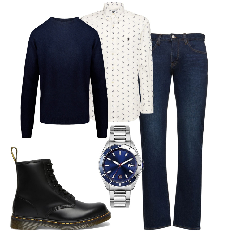 Outfit uomo - City. Stile Trendy per Tutti i giorni. Abbinamento con maglieria, jeans slim fit, camicie, stivali, orologi analogici.