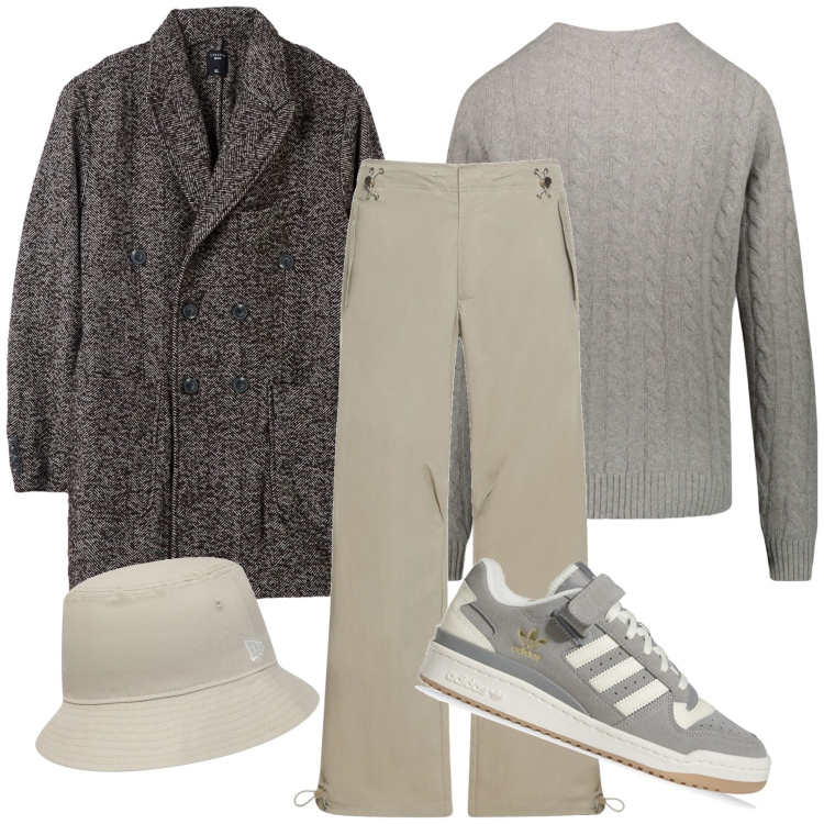 Outfit uomo - Passeggiata. Stile Trendy per Tutti i giorni. Abbinamento con maglieria, cappotti, pantaloni, cappelli, sneakers.