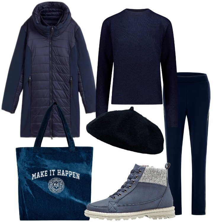 Outfit donna - Casual in blu. Stile Casual per Scuola/Università. Abbinamento con stivaletti, blazer, shopping bag, pantaloni, maglieria, cappelli e berretti.