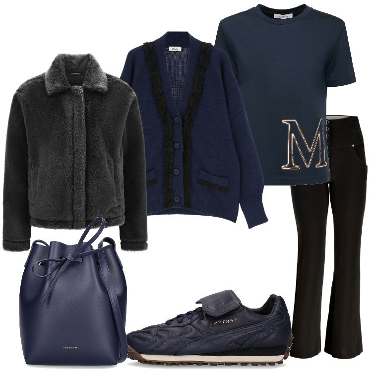 Outfit donna - Blu e nero. Stile Casual per Tutti i giorni. Abbinamento con cappotti, pantaloni, cardigans, t-shirt, borse a secchiello, sneakers alte.