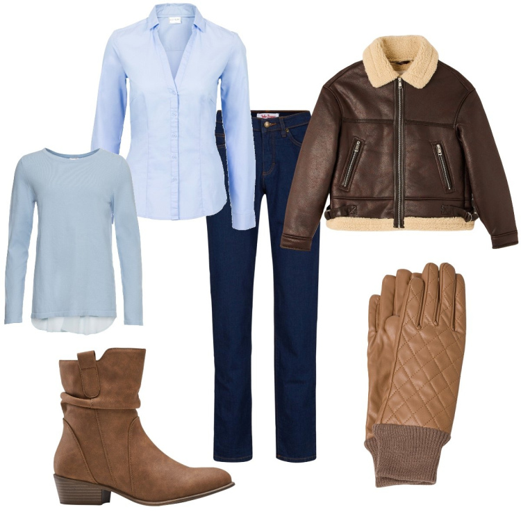 Outfit donna - Total look #1791283. Stile Mannish per Ufficio. Abbinamento con camicie, maglieria, jeans mom, stivaletti texani, ecopellicce, guanti.