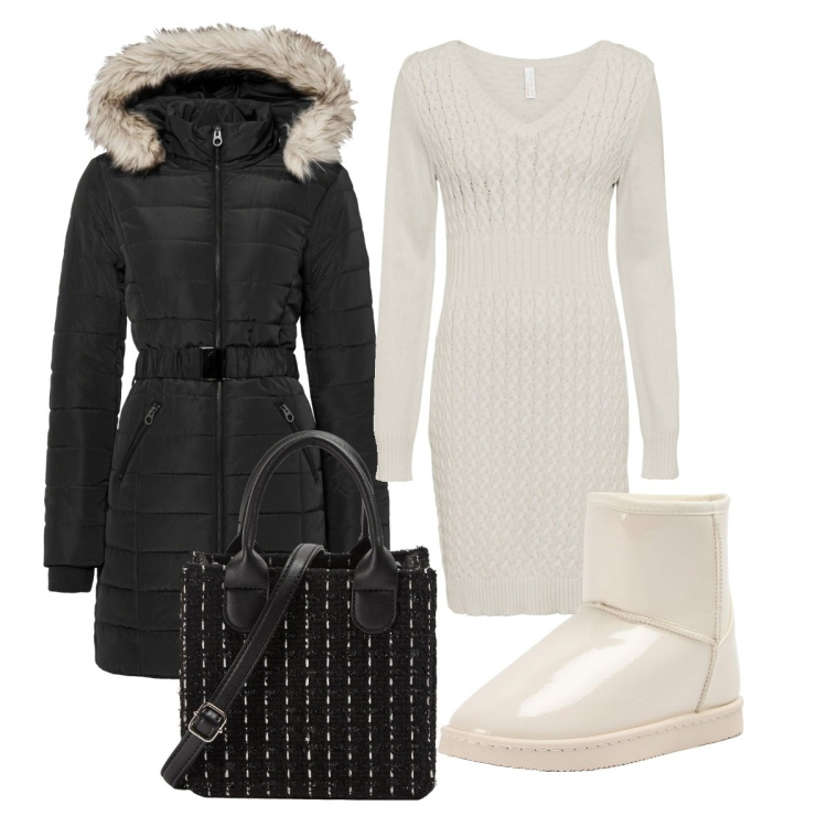 Outfit donna - Black& White casual comodo. Stile Casual per Tutti i giorni. Abbinamento con giacche, vestiti, shopping bag, stivaletti.