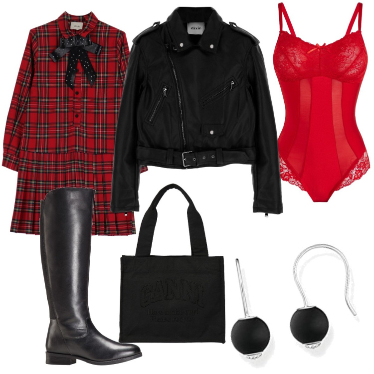 Outfit donna - Total look #1791299. Stile Preppy per Serata fuori. Abbinamento con body, stivali, cappotti, vestiti corti, orecchini, shopping bag.