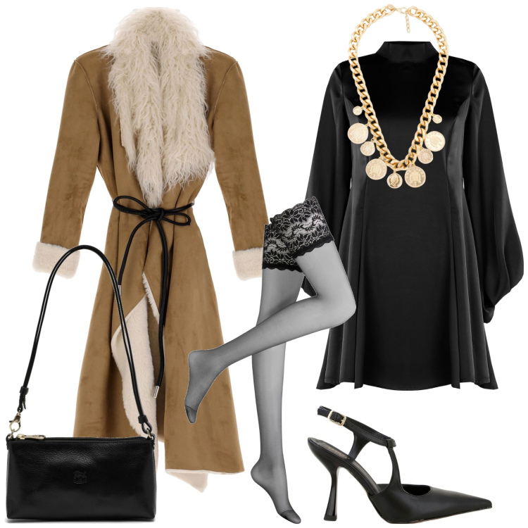 Outfit donna - A cena fuori. Stile Chic per Serata fuori. look ideale per Petite. Abbinamento con collant, vestiti corti, collane, cappotti, décolleté, borse a spalla.