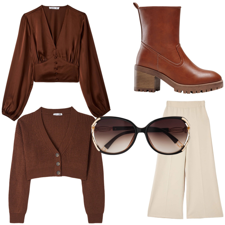 Outfit donna - Job love. Stile Casual chic per Tutti i giorni. Abbinamento con stivaletti, occhiali da sole, pantaloni, bluse, cardigans.