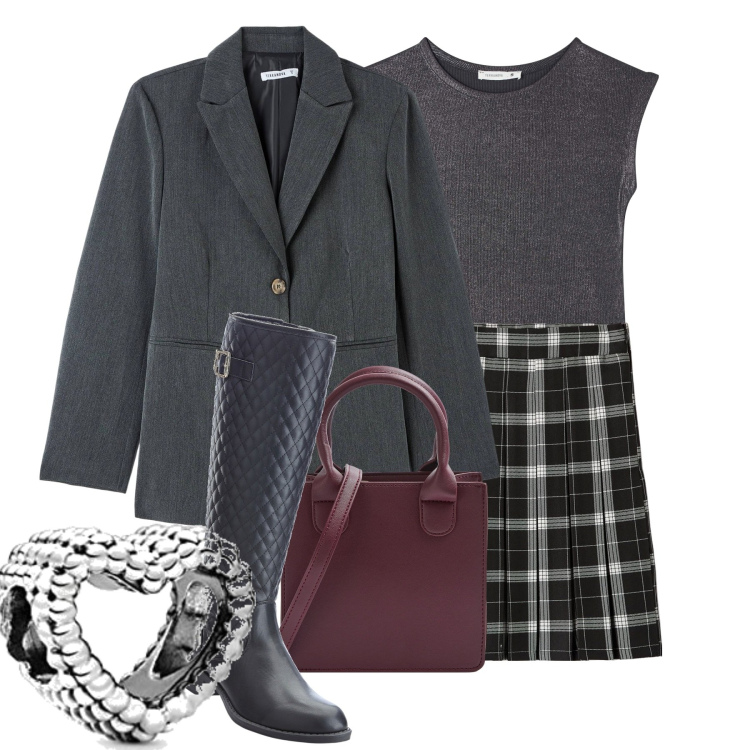 Outfit donna - City. Stile Trendy per Tutti i giorni. Abbinamento con stivali, t-shirt, cappotti, minigonne, shopping bag, braccialetti.