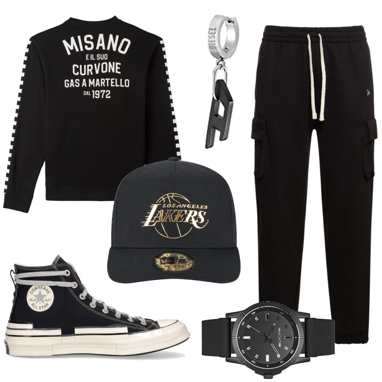 Outfit uomo - Total look #1791340. Stile Urban per Tutti i giorni. Abbinamento con felpe, orecchini, sneakers, pantaloni cargo, cappelli con visiera, orologi.