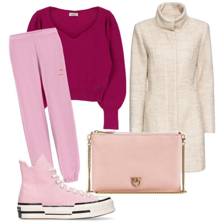 Outfit donna - Athleisure in rosa- Winter time. Stile Sporty chic per Tutti i giorni. Abbinamento con cappotti, borse a tracolla, pantaloni, pullovers, sneakers.