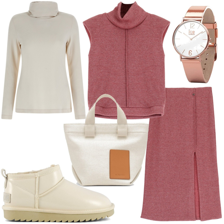 Outfit donna - Outfit morbidoso. Stile Casual per Tutti i giorni. Abbinamento con maglieria, gonne longuette, maglieria, stivali, orologi, borse a mano.