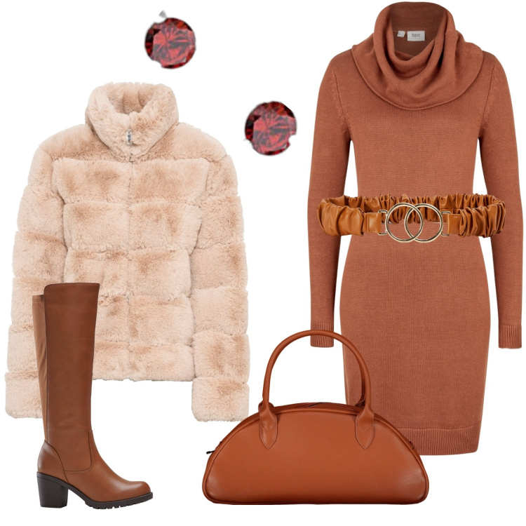 Outfit donna - Pranzo con amici/ famiglia. Stile Glamour per Serata fuori. Abbinamento con ecopellicce, stivali, vestiti, cinture, borse a spalla, orecchini.