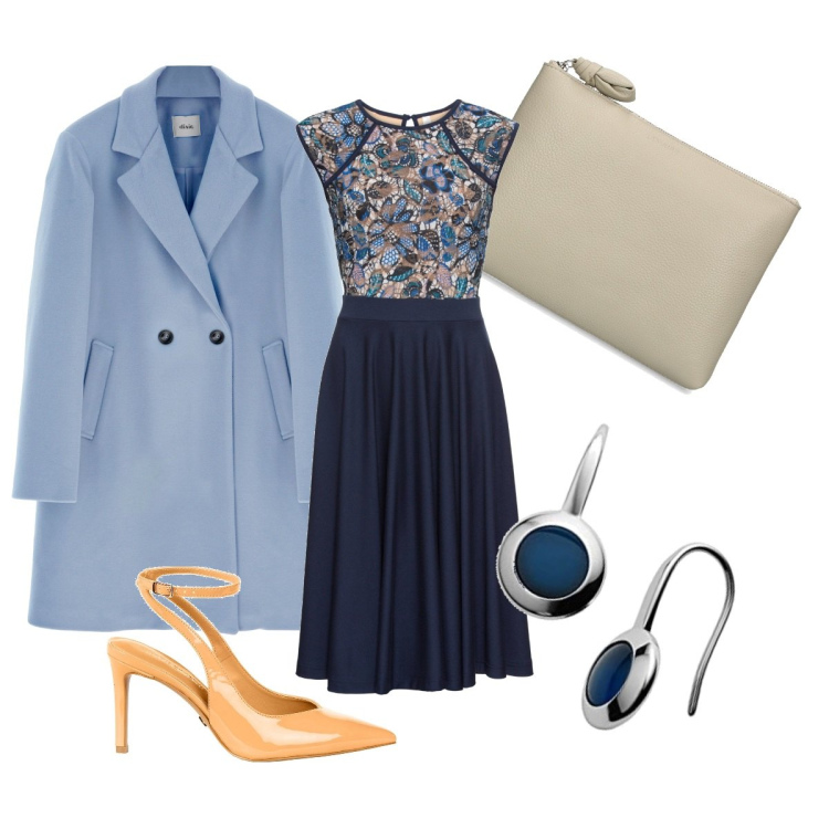 Outfit donna - In blu. Stile Casual chic per Serata fuori. Abbinamento con vestiti midi/longuette, décolleté, cappotti, orecchini, pochette.