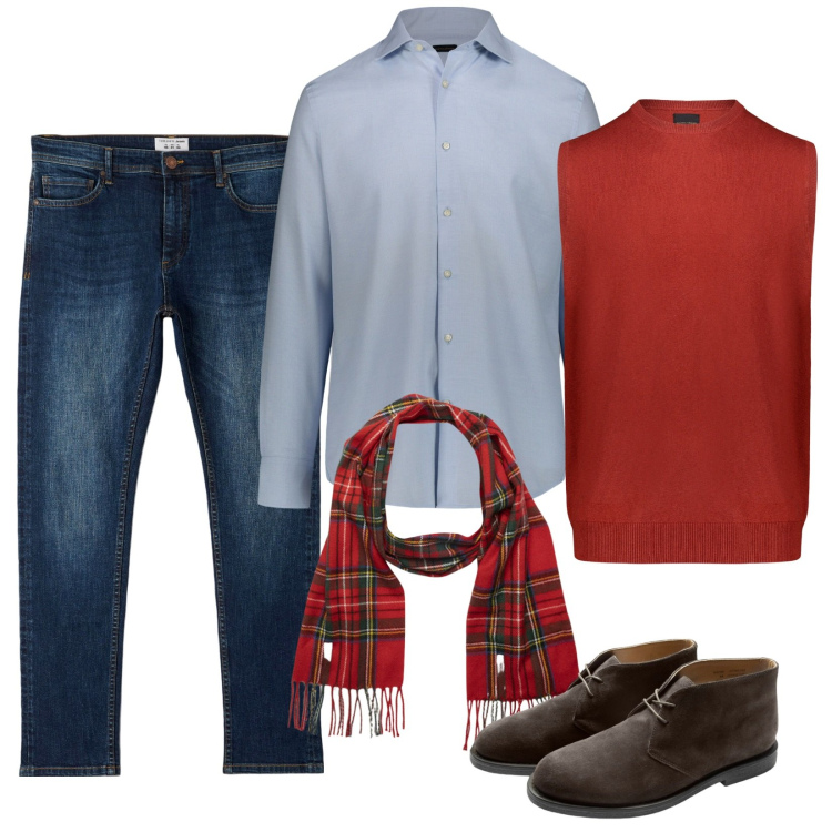 Outfit uomo - La sciarpa scozzese. Stile Trendy per Ufficio. Abbinamento con jeans skinny, gilet, stivali, camicie, sciarpe.