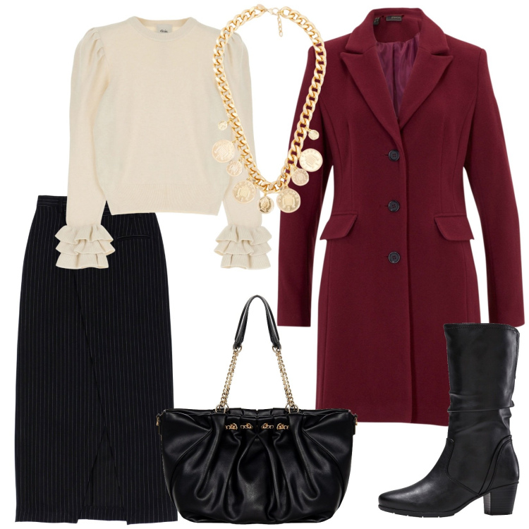 Outfit donna - Cena fuori. Stile Bon Ton per Serata fuori. Abbinamento con stivali, cappotti, borse a spalla, pullovers, gonne lunghe, collane.