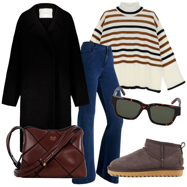 Outfit donna - Righe, che passione!. Stile Casual per Tutti i giorni. Abbinamento con borse a spalla, jeans a zampa, maglieria, stivali, cappotti, occhiali da sole.