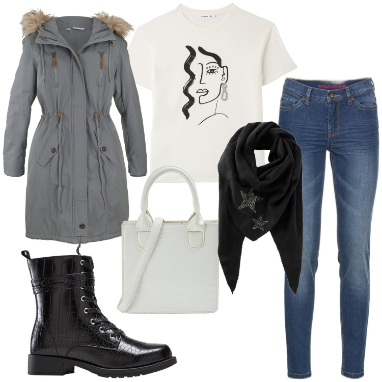 Outfit donna - Un semplice look. Stile Basic per Tutti i giorni. Abbinamento con foulard, jeans skinny, stivaletti, parka, t-shirt, shopping bag.