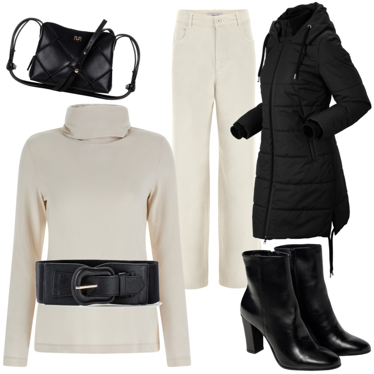 Outfit donna - Black and white in ufficio. Stile Basic per Ufficio. Abbinamento con blazer, cinture, borse a spalla, jeans, maglieria, stivaletti.