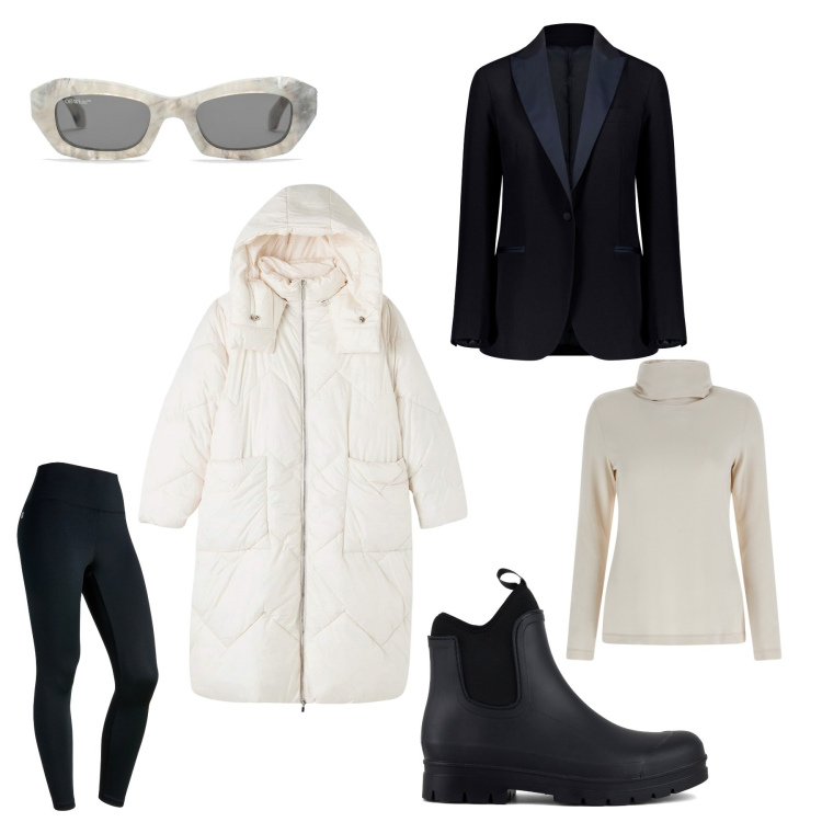 Outfit donna - Casual con stile. Stile Casual chic per Ufficio. Abbinamento con blazer, maglieria, leggings, stivali, occhiali da sole, giacche.