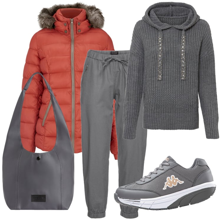 Outfit donna - Sporty girl. Stile Urban per Tutti i giorni. Abbinamento con pantaloni, piumini, maglieria, scarpe sportive, borse a spalla.