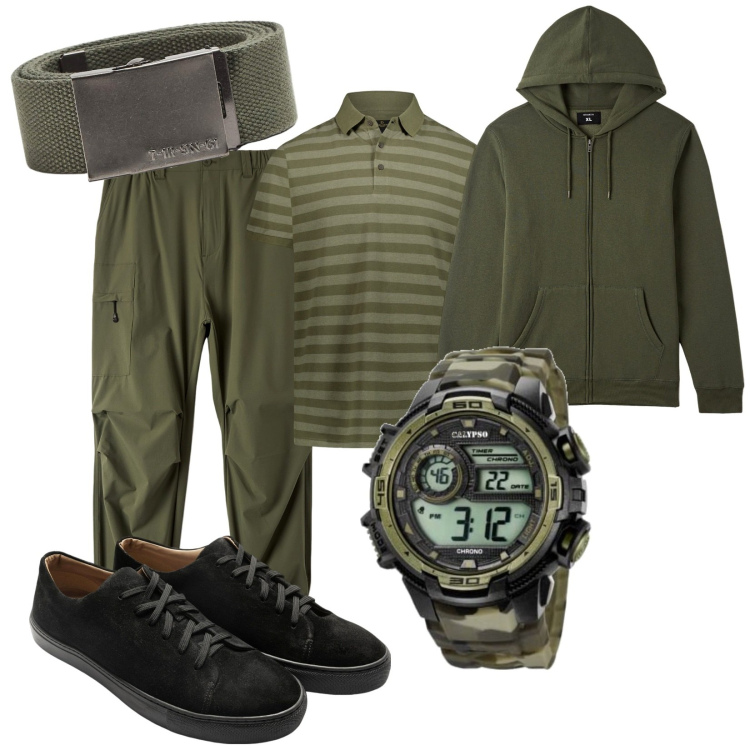 Outfit uomo - Davanti al lago ghiacciato. Stile Urban per Tutti i giorni. Abbinamento con pantaloni, felpe con cappuccio, cinture, polo, orologi, sneakers.